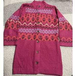 Sundance Long Chunky Fair Isle Button Down Cardigan Sweater Womens Small Pink